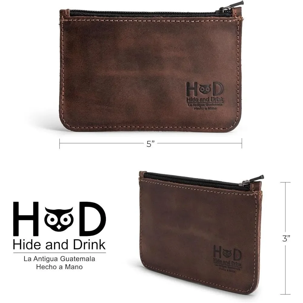 Hide & Drink genuine leather zippered wallet change -card case -folded bills.
